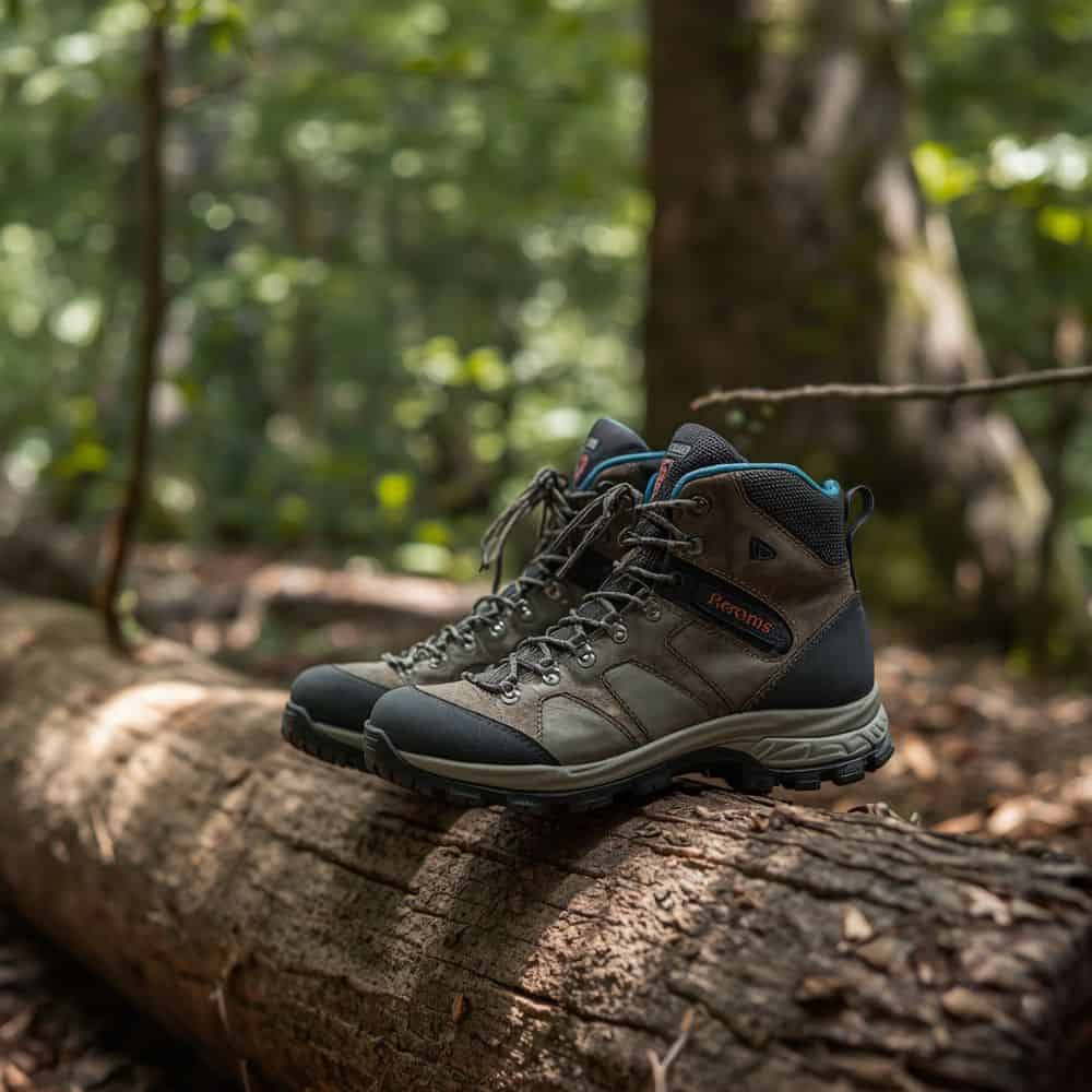 hiking boots on a log in the forest