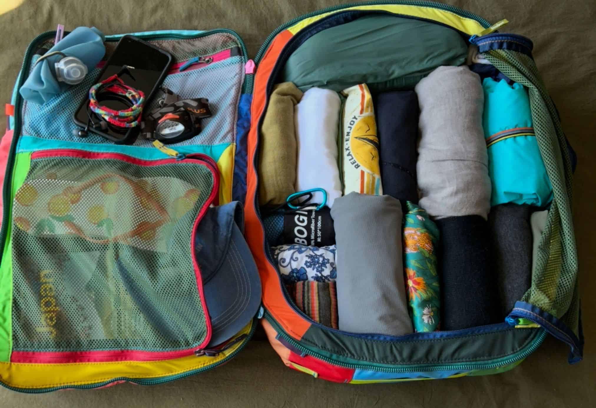 open suitcase with neatly folded clothes inside