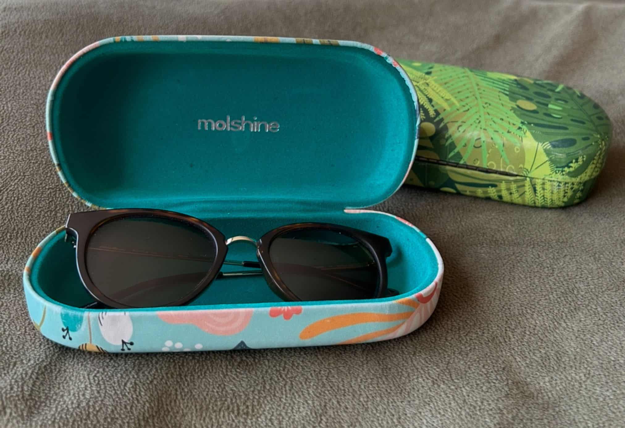 an open eyeglasses case with a pair of sunglasses in it